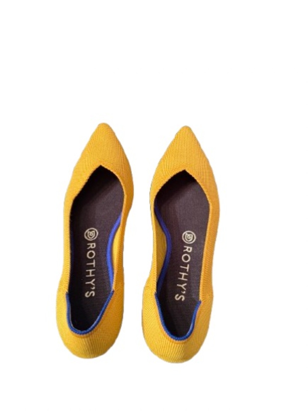 Rothy’s Pointed Flats Mustard Yellow Blue Trim Size 8.5 Sustainable Knit Comfort
